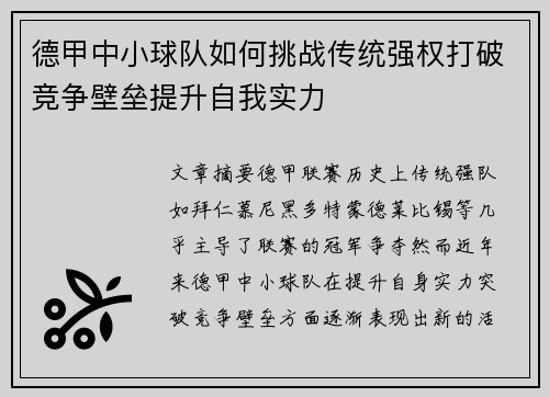 德甲中小球队如何挑战传统强权打破竞争壁垒提升自我实力