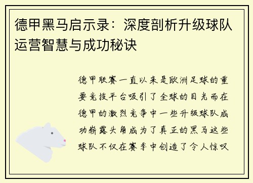 德甲黑马启示录：深度剖析升级球队运营智慧与成功秘诀